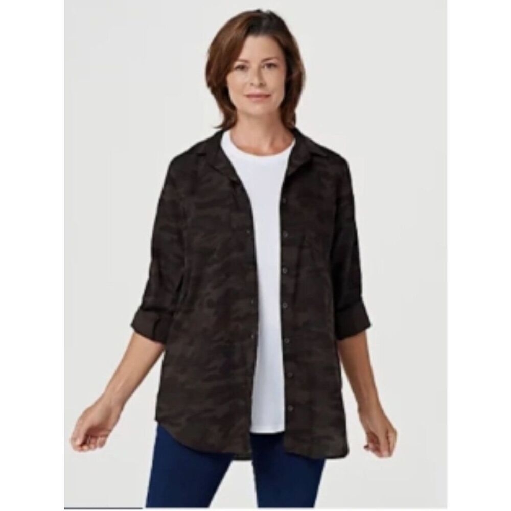 NWOT Side Stitch Tencera Button Front Tunic Roll Tab Sleeve Camo Print in XXS